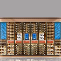 Elegant Modern Wine Cabinet With Wooden Frame Glass Doors And Blue Decorative Panels