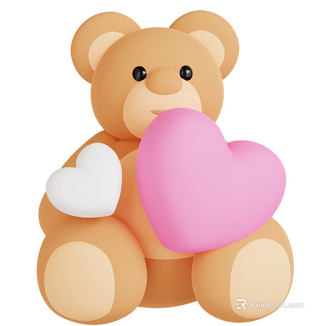 Cute Brown Teddy Bear Plush Toy Holding Big Pink Heart And Small White Heart 3d model 