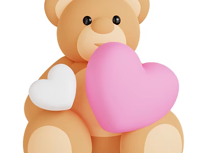 Cute Brown Teddy Bear Plush Toy Holding Big Pink Heart And Small White Heart 3d model