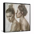 Portrait Painting Featuring Two Women with Updo Hairstyles in Intimate Pose Light Background Black Frame