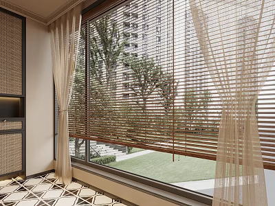 Large Window With Wooden Blinds And Beige Curtains Overlooking Green Trees And Grass 3d model