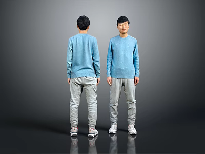 Men's Casual Fashion Blue Sweater Gray Pants White Shoes Outfit Front Back View 3d model