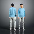 Men's Casual Fashion Blue Sweater Gray Pants White Shoes Outfit Front Back View