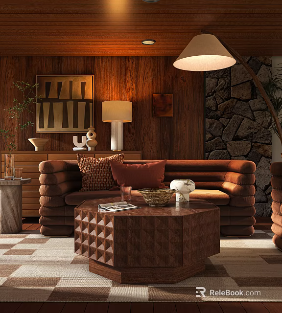 Cozy Living Room Interior With Wooden Walls Stone Wall Brown Sofa And Geometric Coffee Table 3d model 