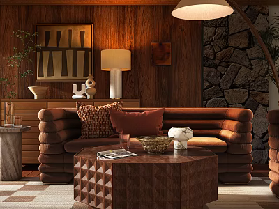 Cozy Living Room Interior With Wooden Walls Stone Wall Brown Sofa And Geometric Coffee Table 3d model
