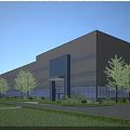 Modern Industrial Warehouse Exterior With Metal Facade Glass Windows And Landscaped Greenery