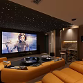 Luxurious Home Theater Room Interior Design With Starry Ceiling Wooden Panel Walls And Orange Sofas
