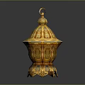 Ornate Golden Decorative Vessel With Intricate Carvings Lid And Base