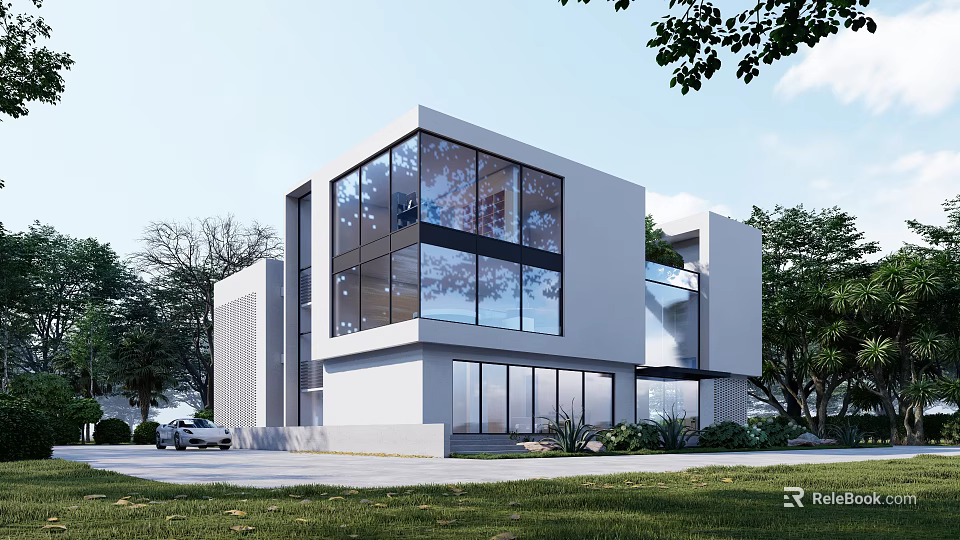 Modern Detached Villa With Glass Facade White Exterior Green Lawn And Trees 3d model 