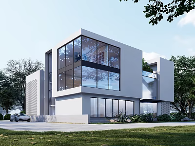 Modern Detached Villa With Glass Facade White Exterior Green Lawn And Trees 3d model