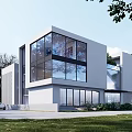 Modern Detached Villa With Glass Facade White Exterior Green Lawn And Trees