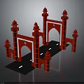 Red Symmetrical Gate Structure With Towers Arches And Road Base