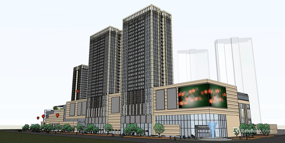 Modern Commercial Complex with High Rise Buildings Glass Facade Retail Area and Street Greenery 3d model 