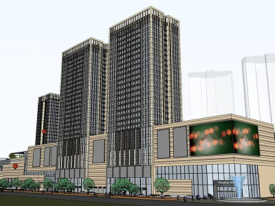 Modern Commercial Complex with High Rise Buildings Glass Facade Retail Area and Street Greenery 3d model