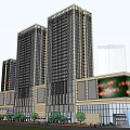 Modern Commercial Complex with High Rise Buildings Glass Facade Retail Area and Street Greenery