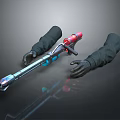 Futuristic Sci Fi Weapon With Metallic Body Red Blue Accents And Grip Gloves