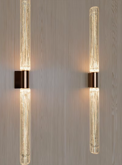 Modern Wall Lamps With Vertical Glass Design And Metal Base On Wooden Background Lighting 3d model