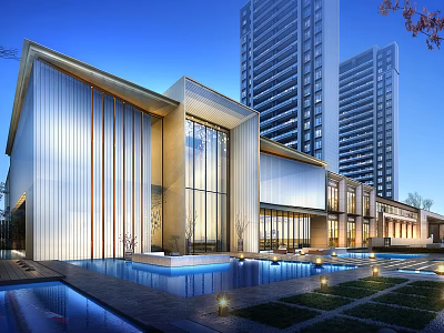 Modern Sales Office Building With Glass Curtain Walls Water Pool And High Rise Buildings 3d model