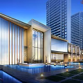 Modern Sales Office Building With Glass Curtain Walls Water Pool And High Rise Buildings