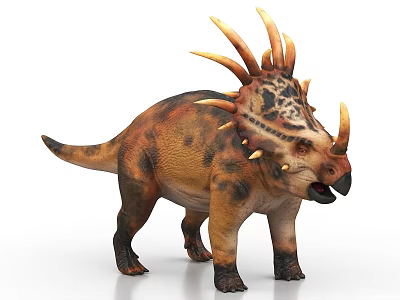 Brown And Black Spotted Dinosaur With Multiple Horns And Spikes Standing 3d model