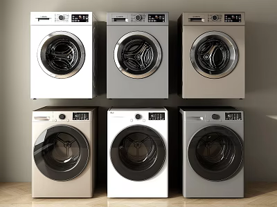 Different Color Front Loading Washing Machines Arranged In Two Rows 3d model