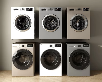 Different Color Front Loading Washing Machines Arranged In Two Rows 3d model