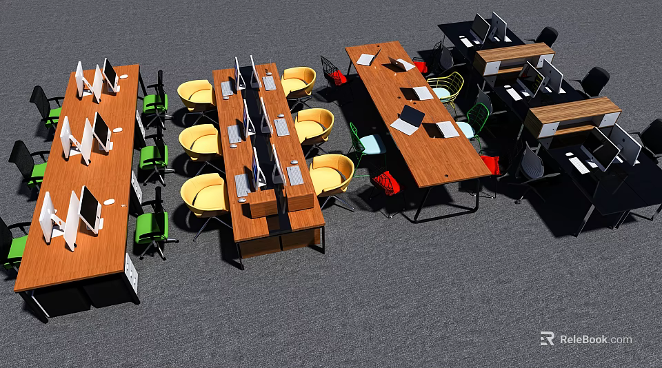 Modern Office Chair Design In Workspace With Wooden Desks And Computer Monitors 3d model 
