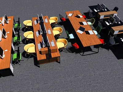 Modern Office Chair Design In Workspace With Wooden Desks And Computer Monitors 3d model