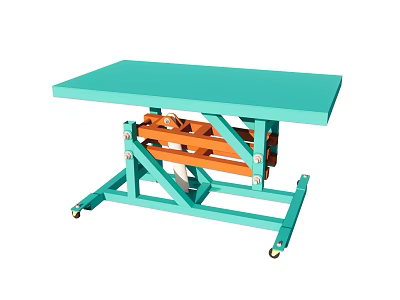 Green Tabletop Scissor Lift Table With Orange Mechanism And Wheel Base 3d model