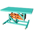 Green Tabletop Scissor Lift Table With Orange Mechanism And Wheel Base