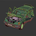 Blue Minivan with Open Doors and Hood Revealing Engine and Interior Details