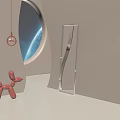 Curved Mirror with Metal Frame Red Balloon Dog Hanging Lamp and Space Background