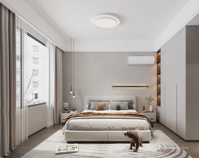 Modern Minimalist Bedroom Interior With Bed Pillows Rug Gray Curtains And Ceiling Light 3d model 