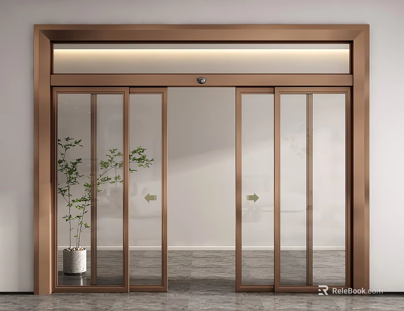 Automatic Glass Door With Bronze Frame And Clear Glass Panels In Interior With Potted Plant 3d model 