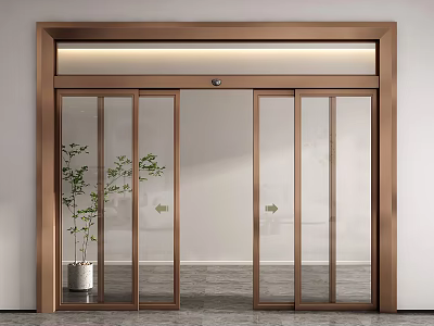 Automatic Glass Door With Bronze Frame And Clear Glass Panels In Interior With Potted Plant 3d model