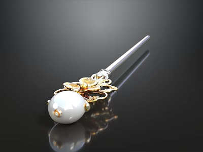 Elegant Hairpin Jewelry With White Pearl Golden Ornaments And Silver Shank 3d model