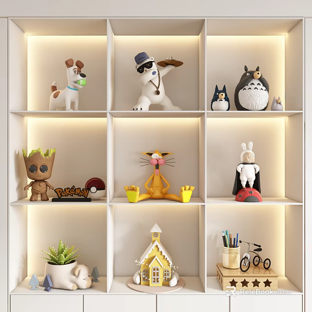 Cute Stuffed Toys Collection Display On Shelves With Various Character Designs 3d model 