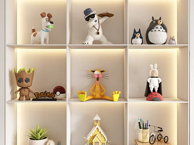 Cute Stuffed Toys Collection Display On Shelves With Various Character Designs 3d model