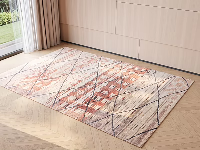 Square Rug With Modern Geometric Pattern Orange Beige Black Tones On Living Room Wooden Floor 3d model