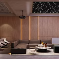 Modern Home Theater Room With Starry Ceiling Comfortable Sofas Projector And Warm Toned Walls