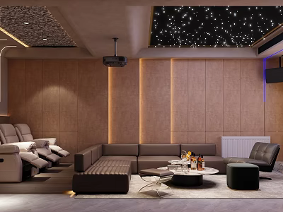 Modern Home Theater Room With Starry Ceiling Comfortable Sofas Projector And Warm Toned Walls 3d model