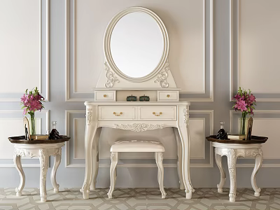 Elegant Carved Dressing Table With Round Mirror Side Tables And Pink Flowers 3d model