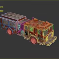 Rusty Red Fire Truck Model With Detailed Weathered Exterior And Roof Equipment On Black Background