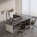Modern Office Interior With Large Desk Ergonomic Chairs Computer Lamp And Window Blinds