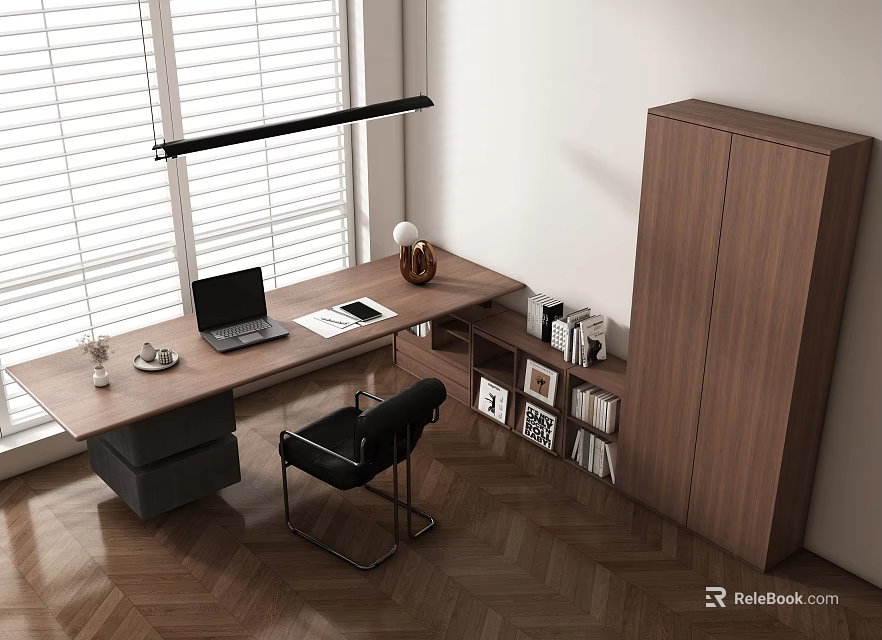 Modern Wooden Desk With Laptop Bookshelf Photo Frames And Hanging Lamp In Room 3d model 