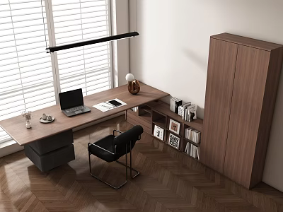 Modern Wooden Desk With Laptop Bookshelf Photo Frames And Hanging Lamp In Room 3d model