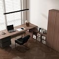 Modern Wooden Desk With Laptop Bookshelf Photo Frames And Hanging Lamp In Room