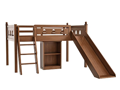 Wooden Bunk Bed with Slide and Storage Shelf for Kids Bedroom Furniture Design 3d model