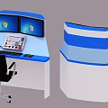 Hexagonal Control Console With Blue Surface Multiple Monitors Keyboards And Surrounding Stools 3d model
