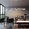 Modern Tea Room Interior With Large Windows Long Wooden Table Green Chairs And Pendant Lights